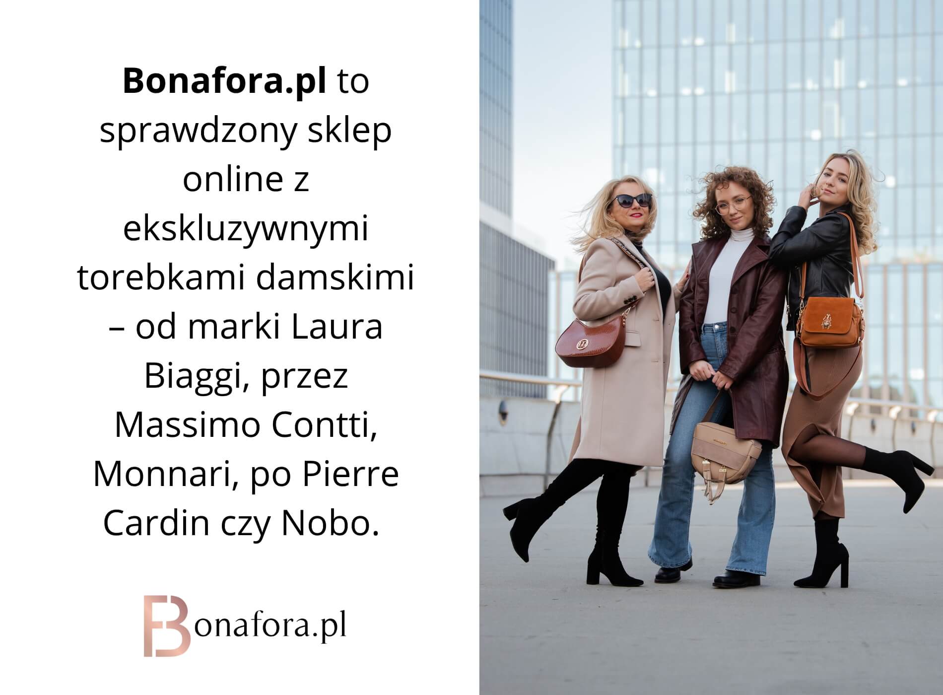 Trzy eleganckie kobiety z ekskluzywnymi torebkami Laura Biaggi, Massimo Contti, Monnari – Bonafora.pl, sklep z torebkami